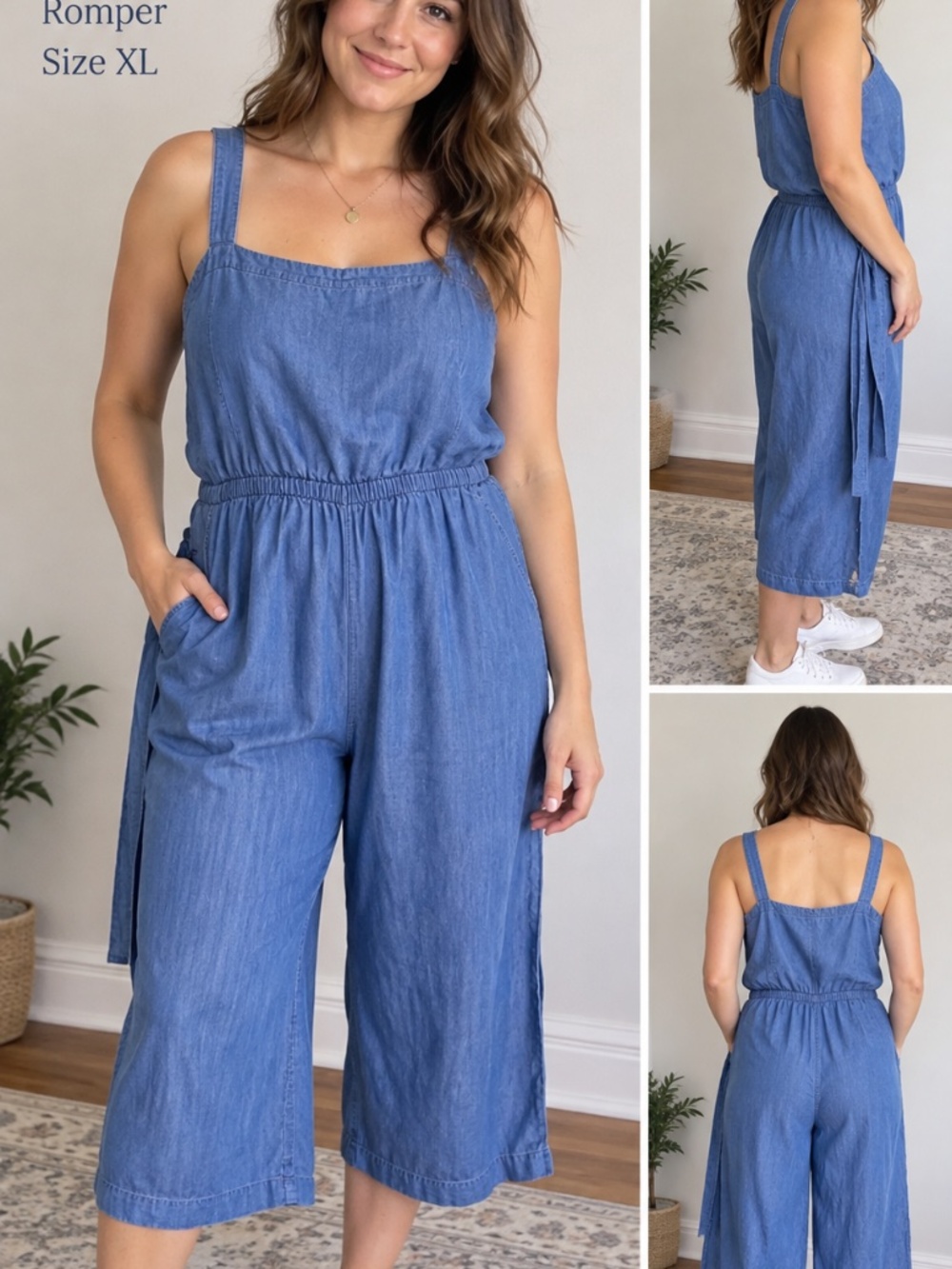 Old Navy Blue Chambray Wide Leg Romper Jumpsuit XL NWT